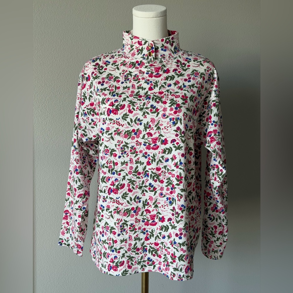 PEBBLE COURT Vintage Mock Neck Retro Floral  Long Sleeve Women's Top-Made in USA